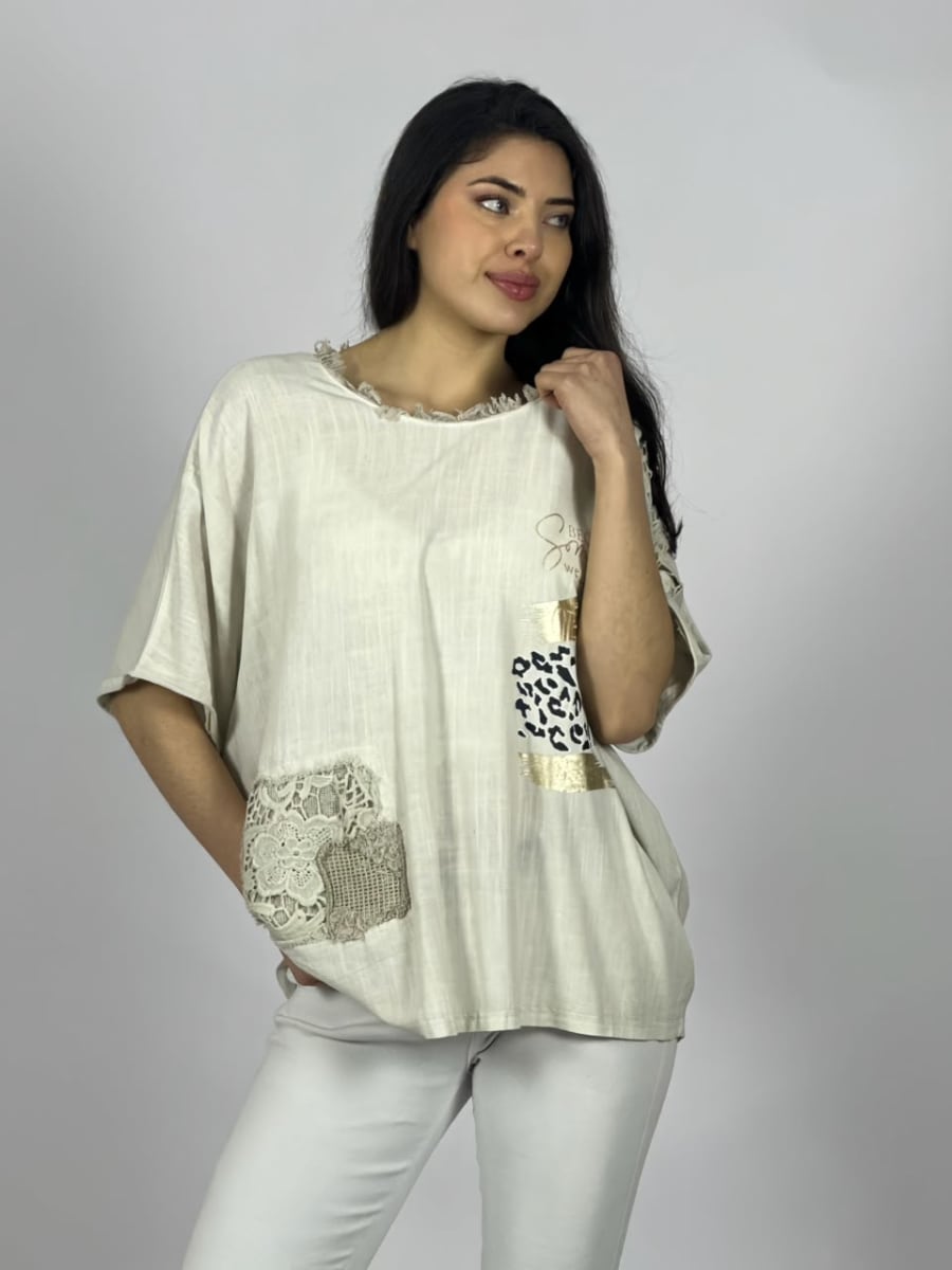Polera Lino Con Rosas Bordadas en Hombro A4-8911