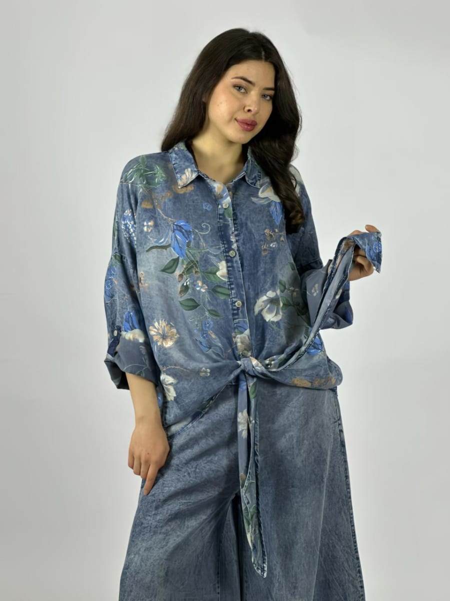 Blusa Mezclilla Floreada Amarrada A3-731