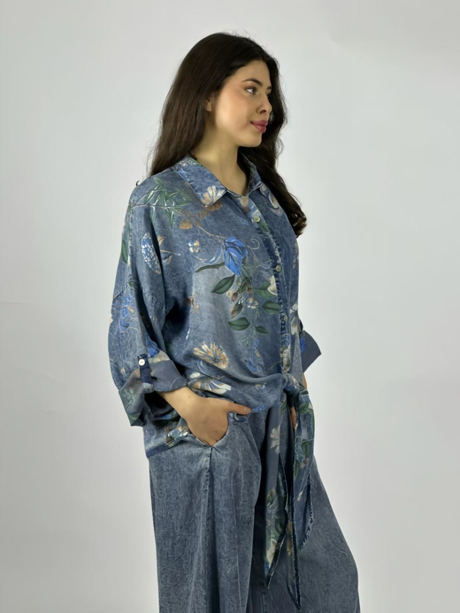 Blusa Mezclilla Floreada Amarrada A3-732