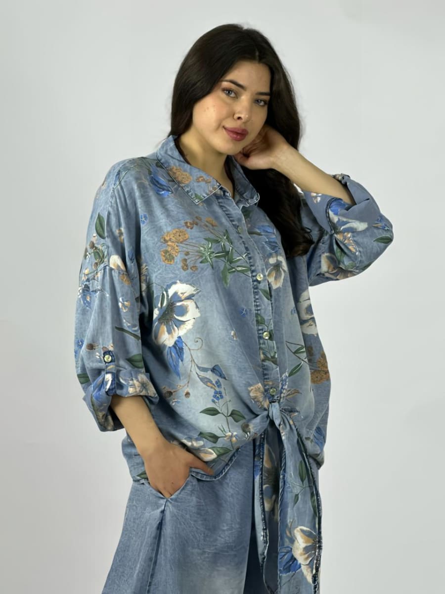 Blusa Mezclilla Floreada Amarrada A3-735