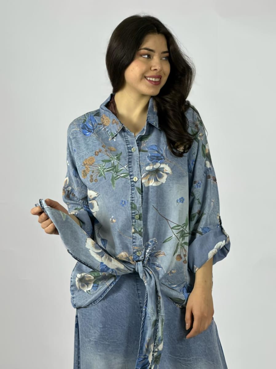 Blusa Mezclilla Floreada Amarrada A3-734