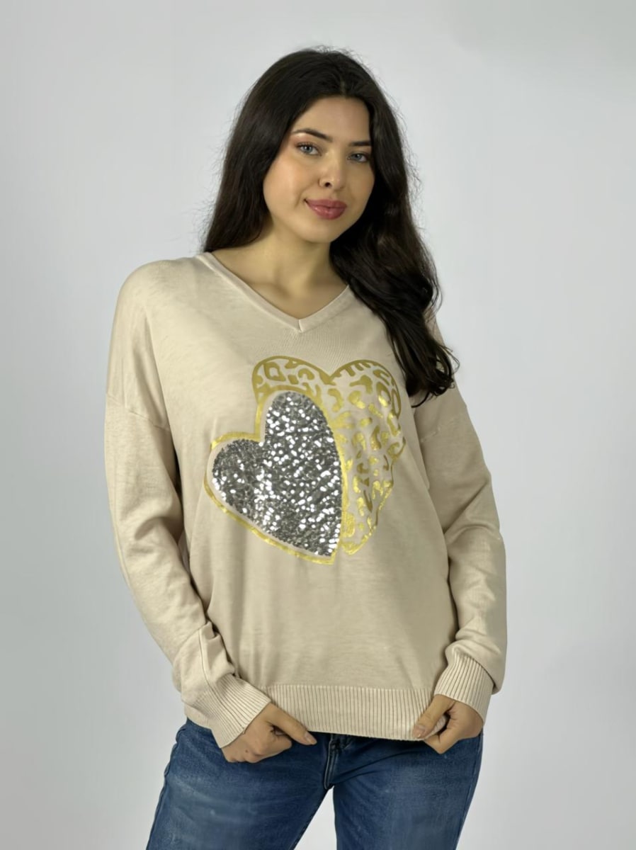 Sweater Spandex Doble Corazon Print/Brillos A3-705