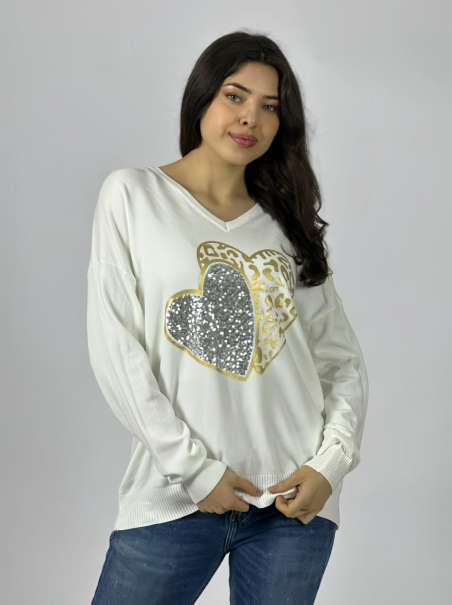 Sweater Spandex Doble Corazon Print/Brillos A3-7012