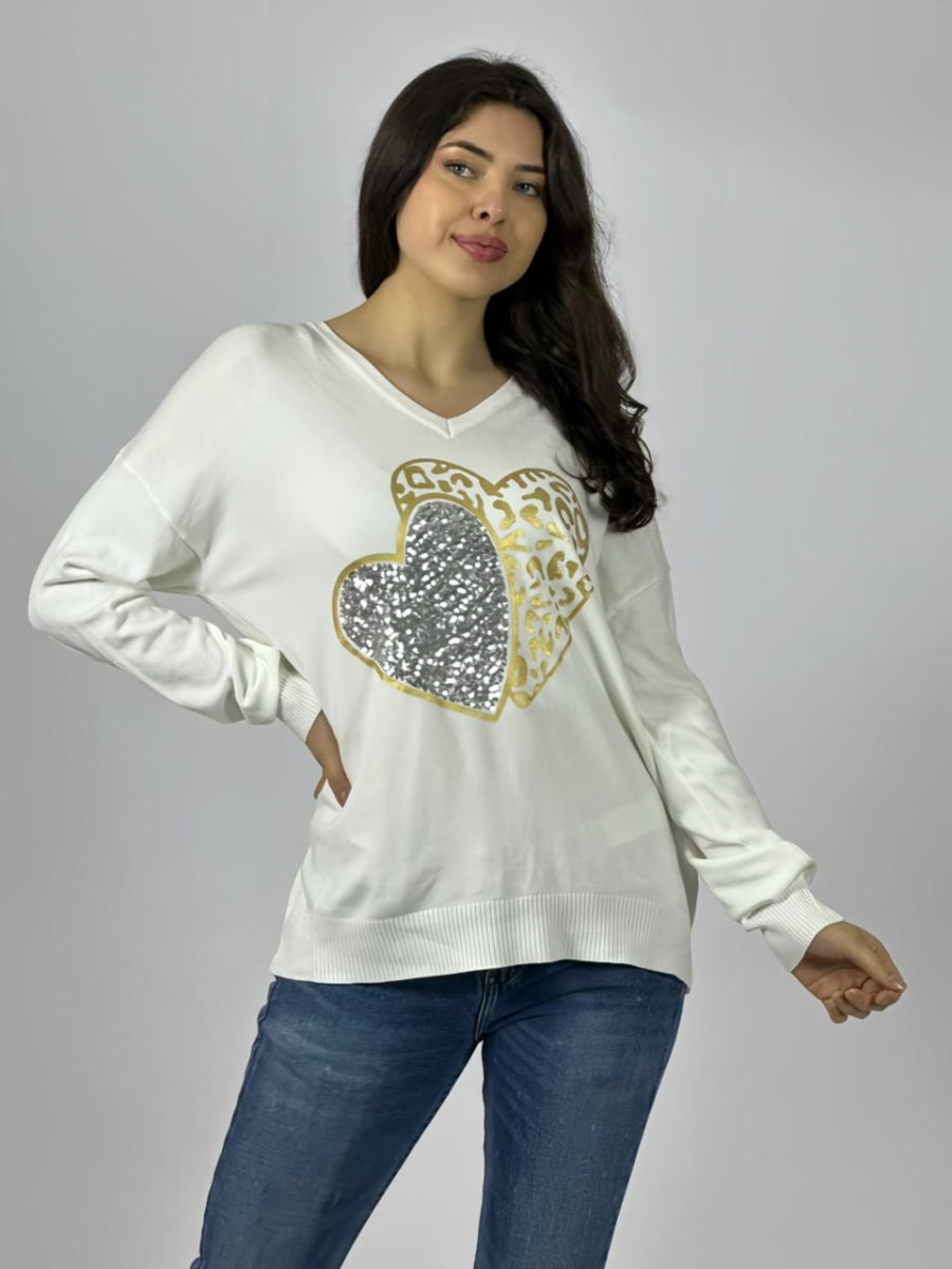 Sweater Spandex Doble Corazon Print/Brillos A3-7013