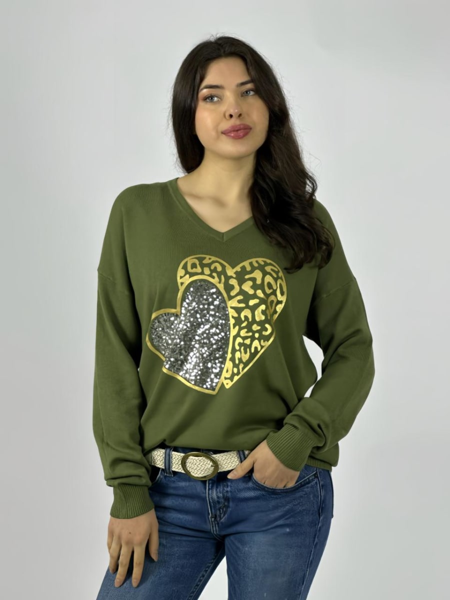 Sweater Spandex Doble Corazon Print/Brillos A3-708