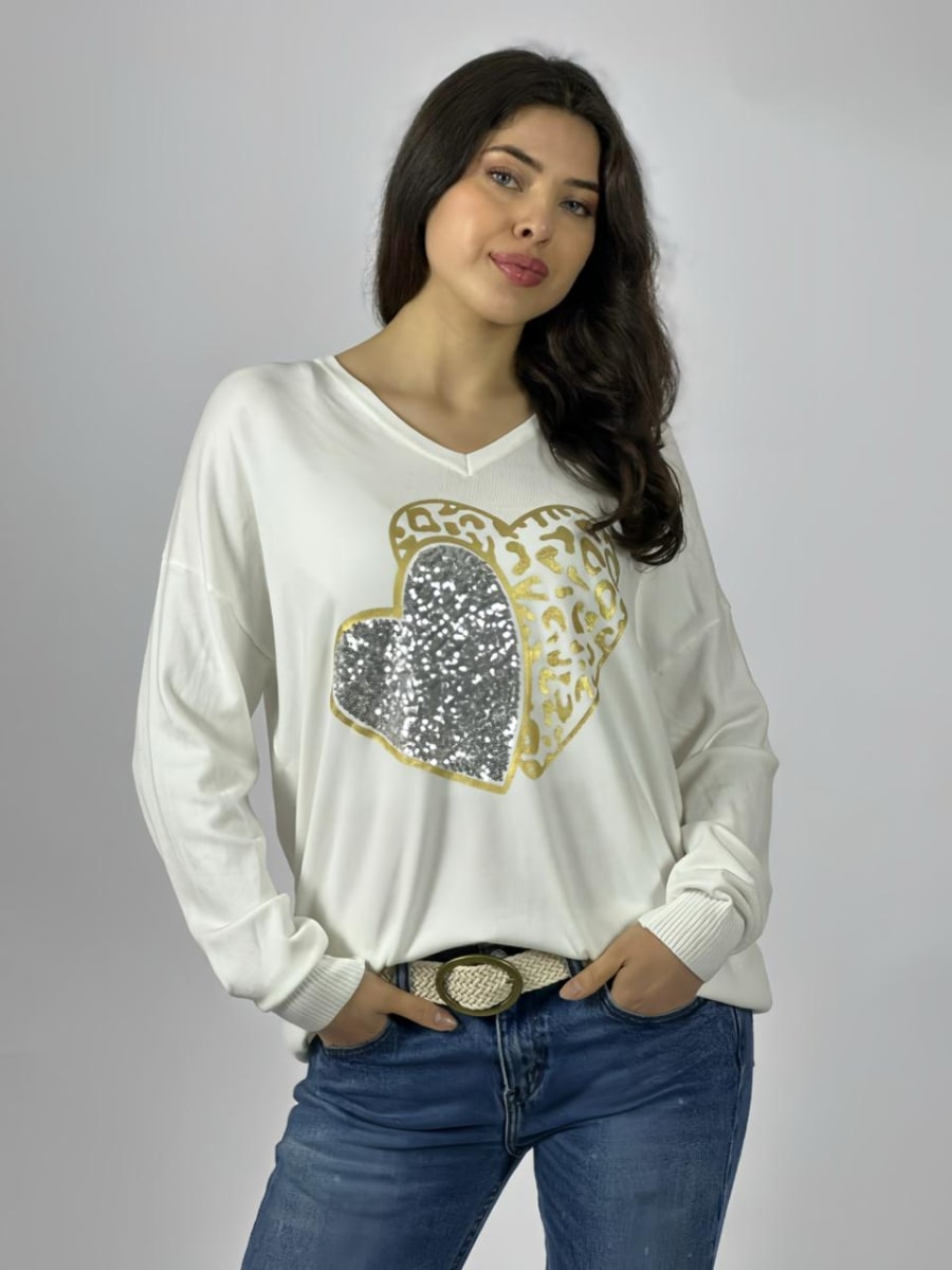 Sweater Spandex Doble Corazon Print/Brillos A3-7011