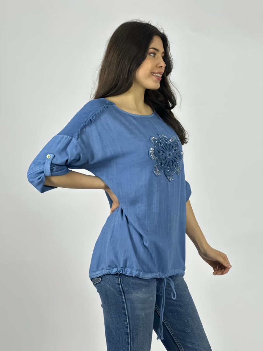 Polera Lino Flor Bordada Con Brillos A1-272