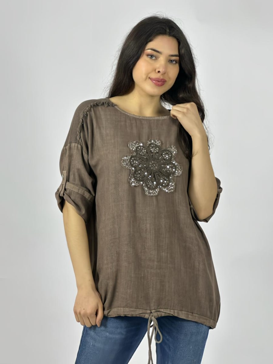 Polera Lino Flor Bordada Con Brillos A1-275