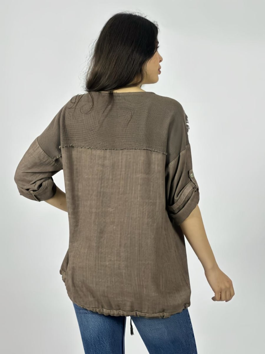 Polera Lino Flor Bordada Con Brillos A1-276