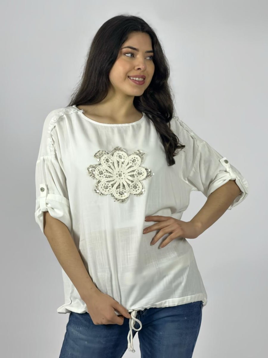 Polera Lino Flor Bordada Con Brillos A1-277