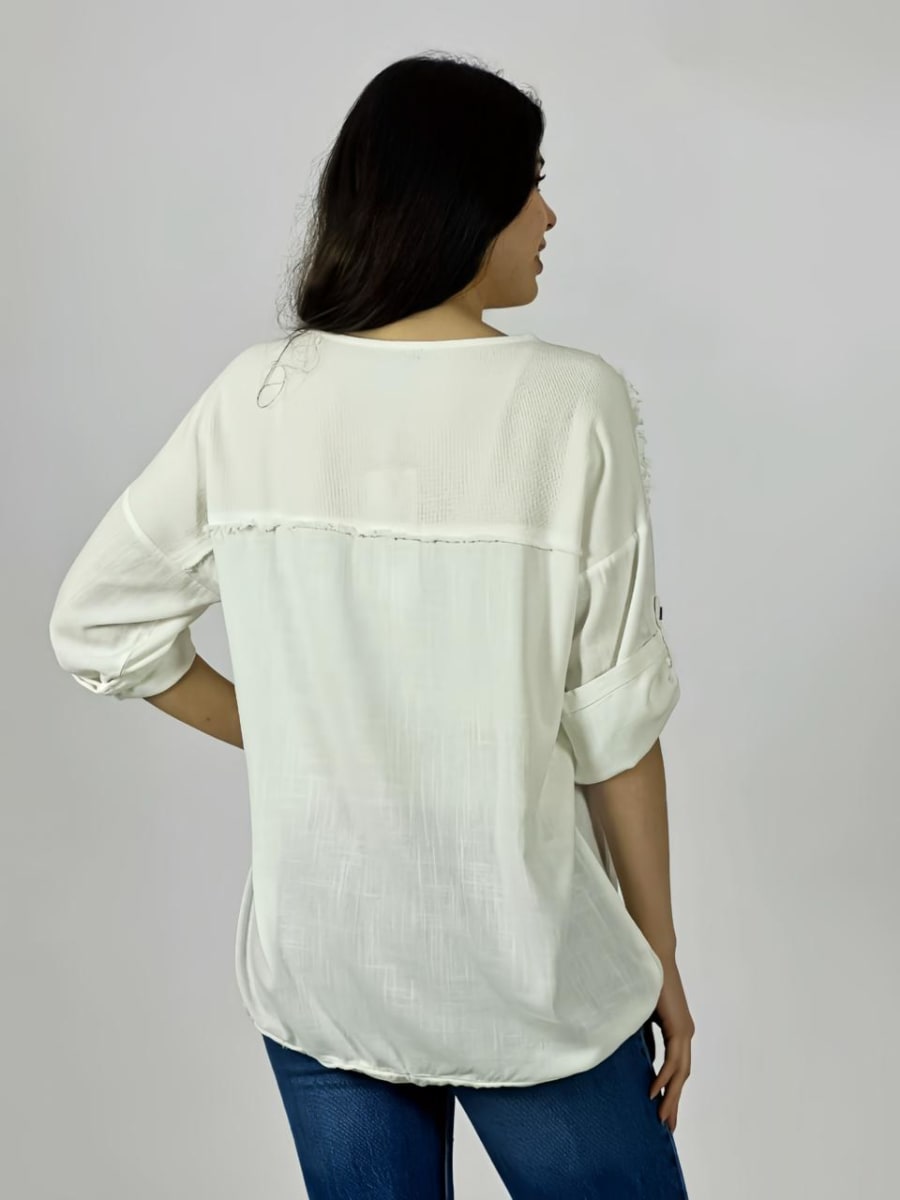 Polera Lino Flor Bordada Con Brillos A1-279