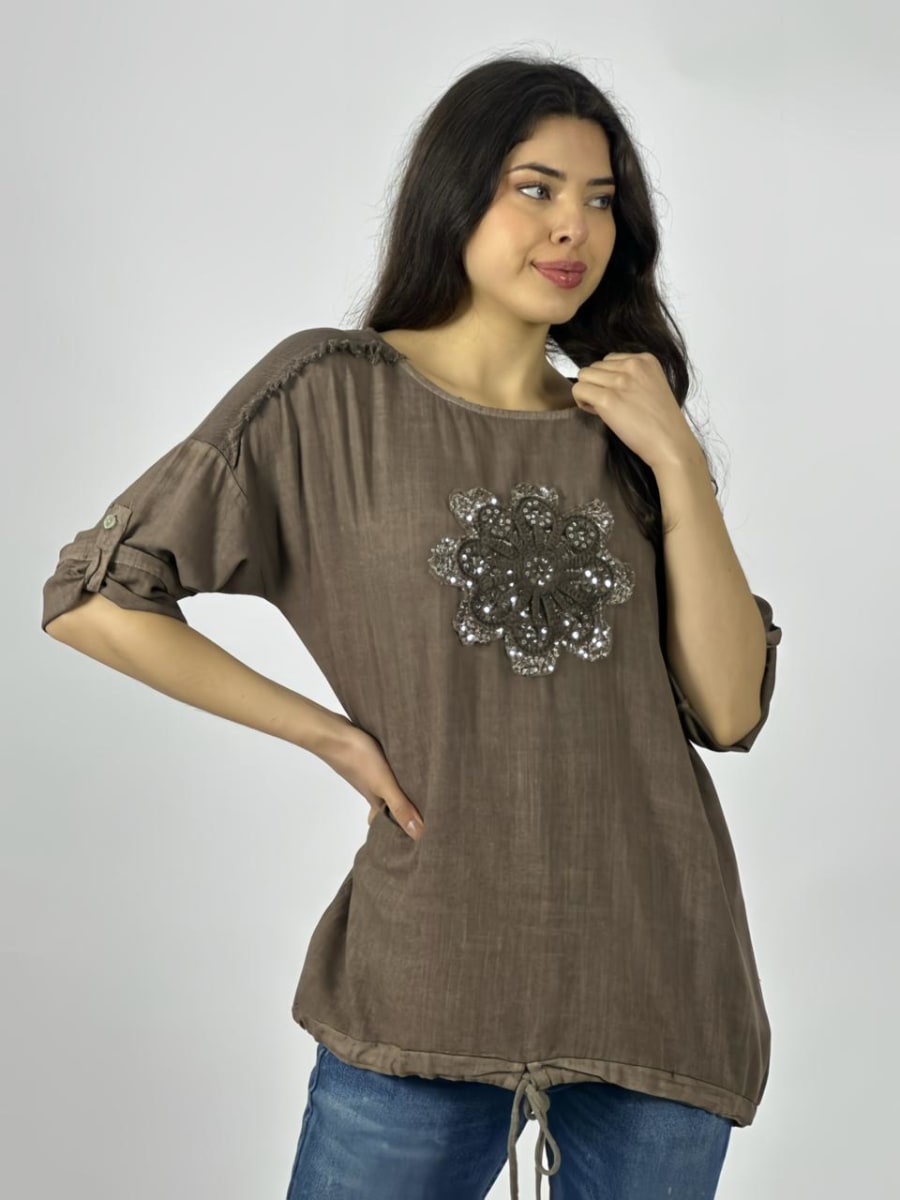 Polera Lino Flor Bordada Con Brillos A1-274