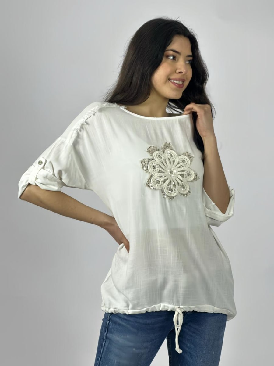 Polera Lino Flor Bordada Con Brillos A1-278
