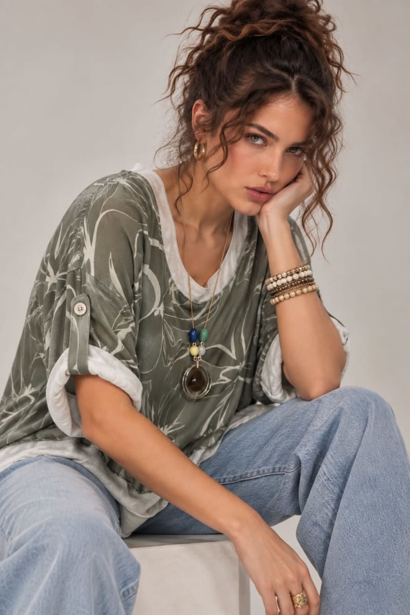 Polera Doble Estampado de Flores Incluye Collar A4-89/911