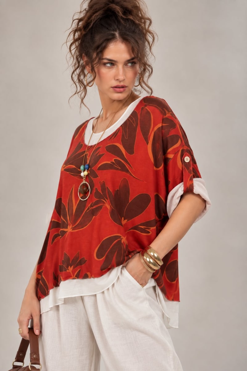 Polera Doble Estampado de Flores Incluye Collar A4-89/912