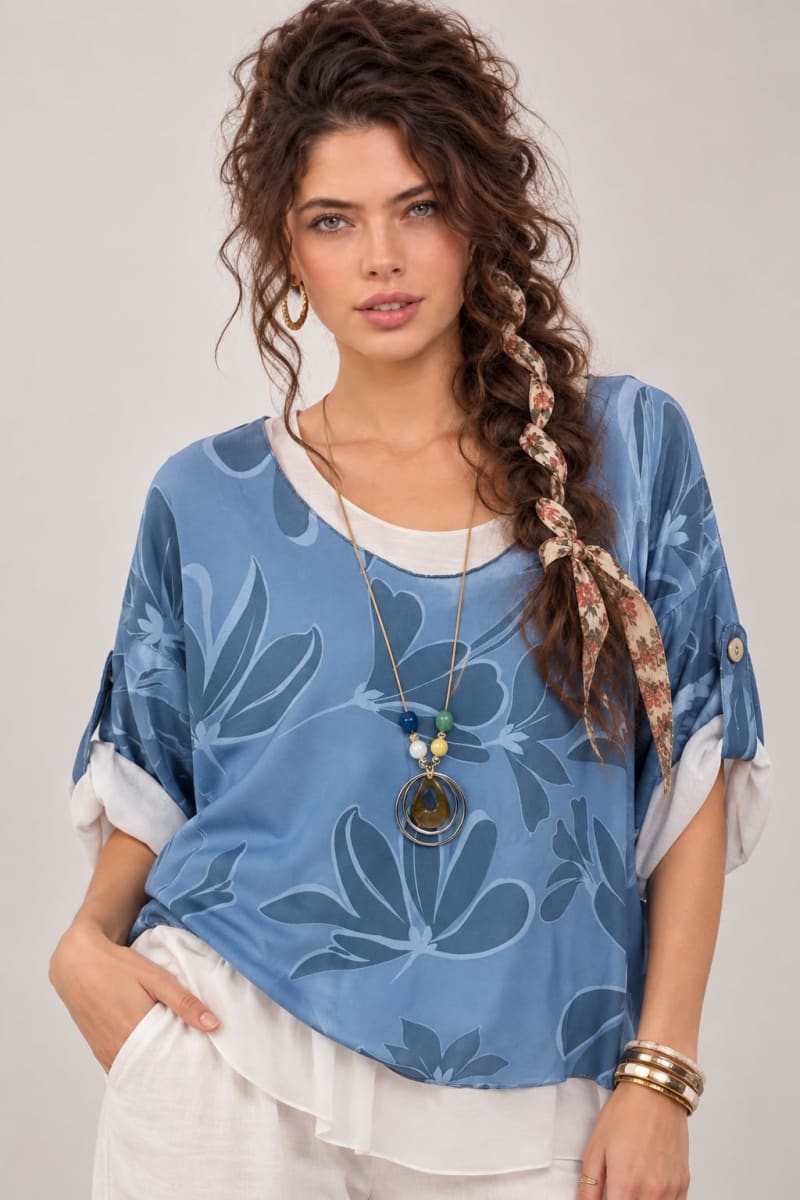 Polera Doble Estampado de Flores Incluye Collar A4-89/914