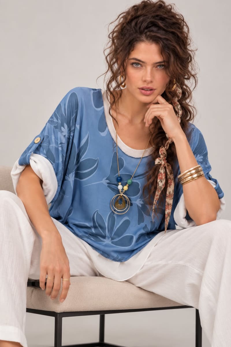 Polera Doble Estampado de Flores Incluye Collar A4-89/915