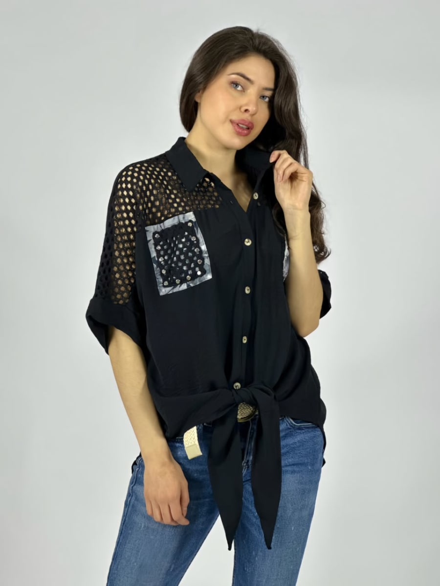 Blusa Crepe Hombros Tejidos Bolsillos Estampados A1-402