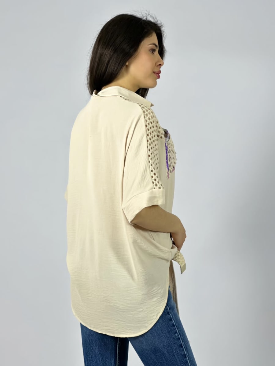 Blusa Crepe Hombros Tejidos Bolsillos Estampados A1-407