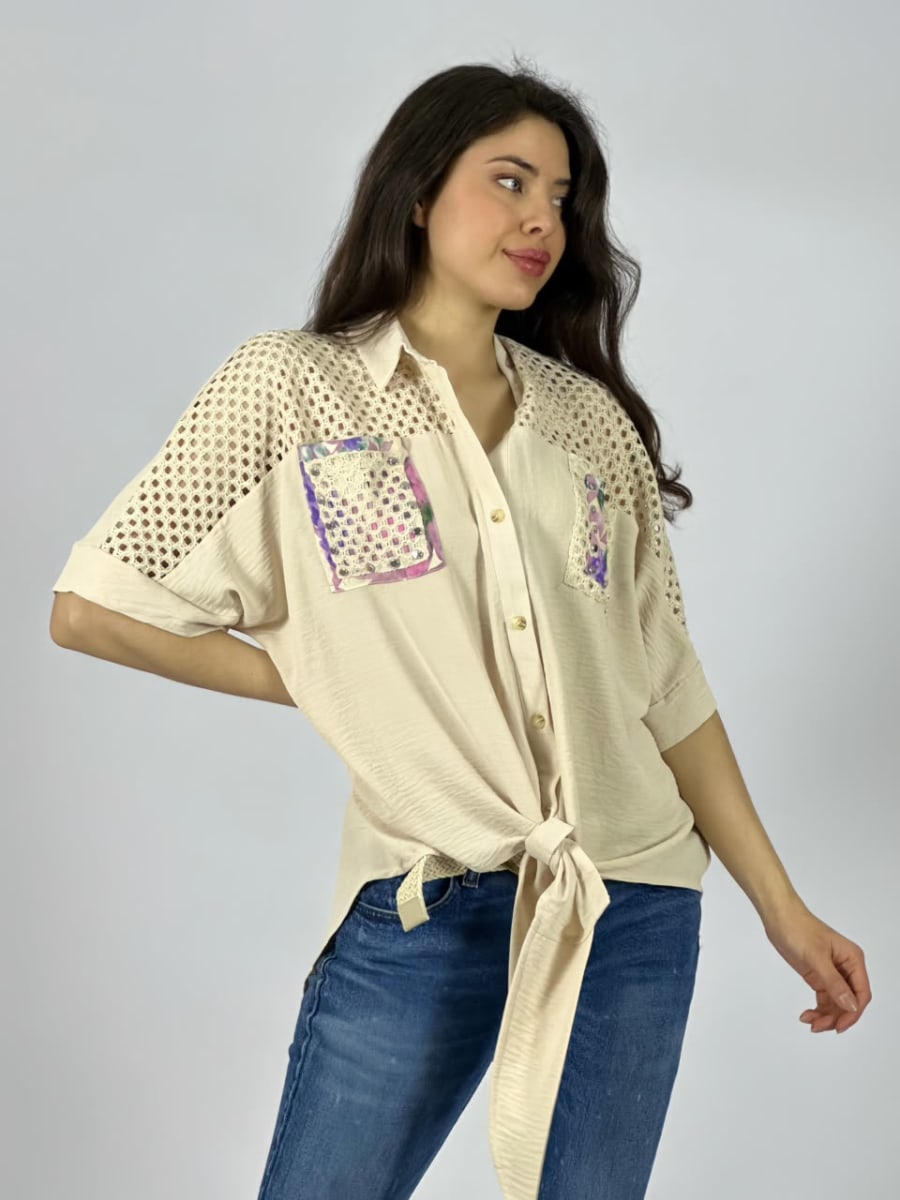 Blusa Crepe Hombros Tejidos Bolsillos Estampados A1-406