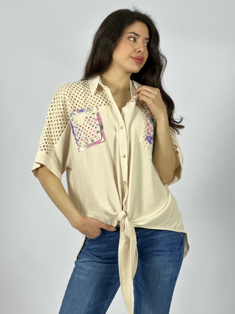 Blusa Crepe Hombros Tejidos Bolsillos Estampados A1-405