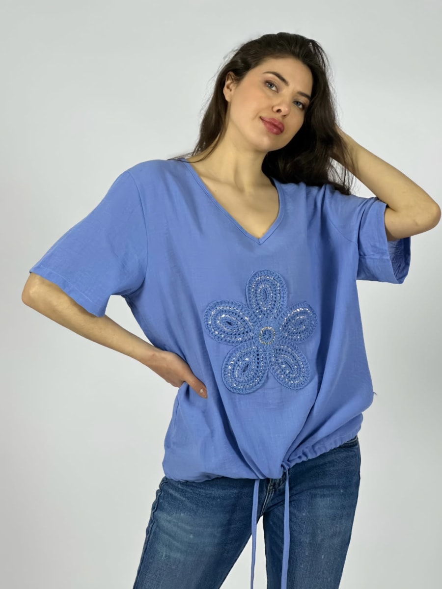 Polera Crepe Cuello V Flor Bordada Con Brillo A1-62