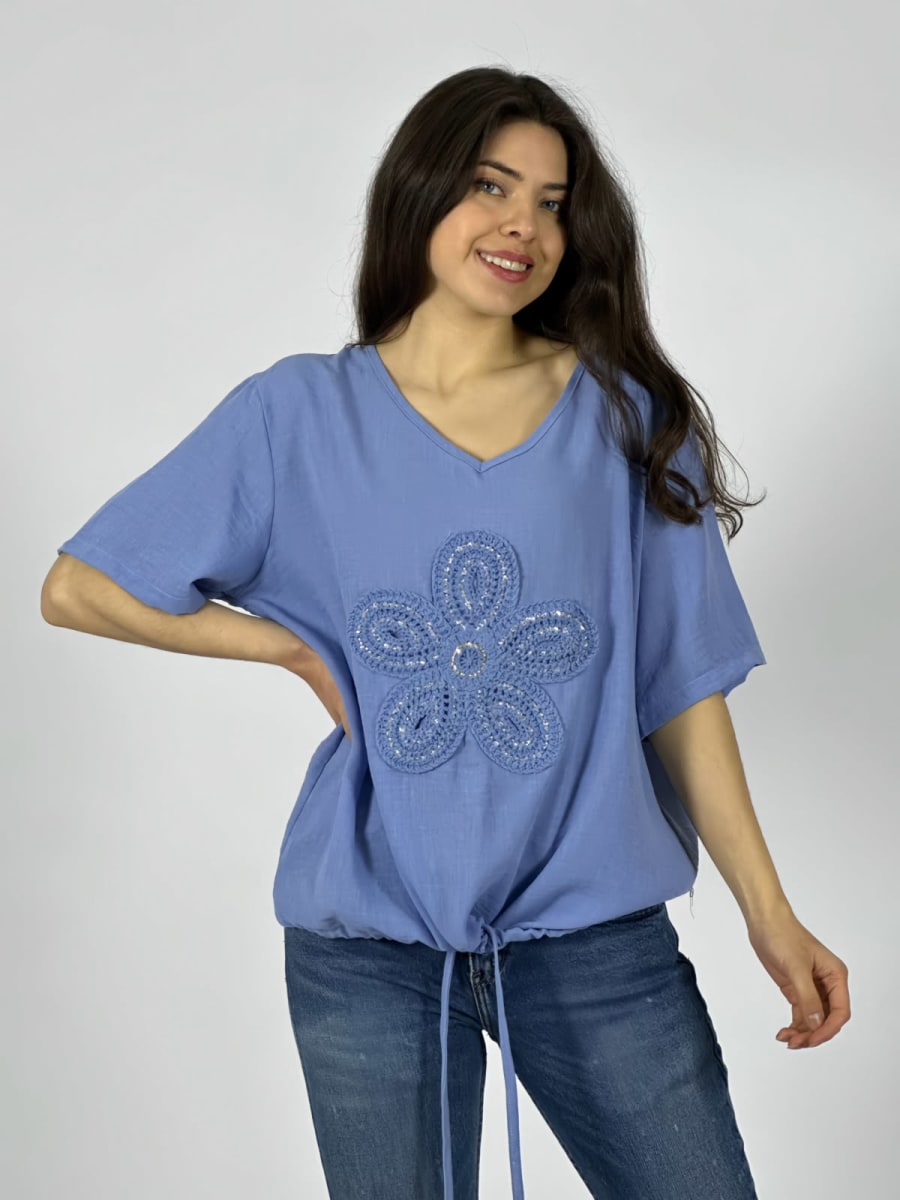 Polera Crepe Cuello V Flor Bordada Con Brillo A1-61