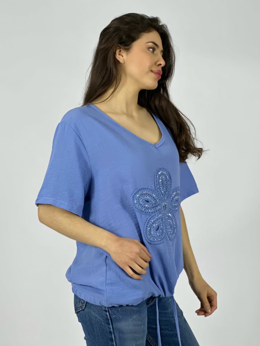 Polera Crepe Cuello V Flor Bordada Con Brillo A1-63