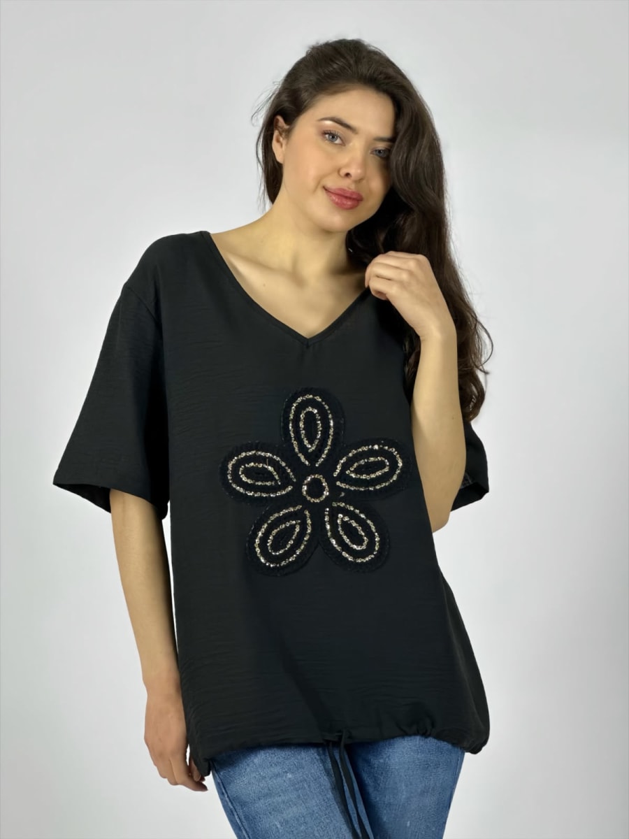 Polera Crepe Cuello V Flor Bordada Con Brillo A1-65