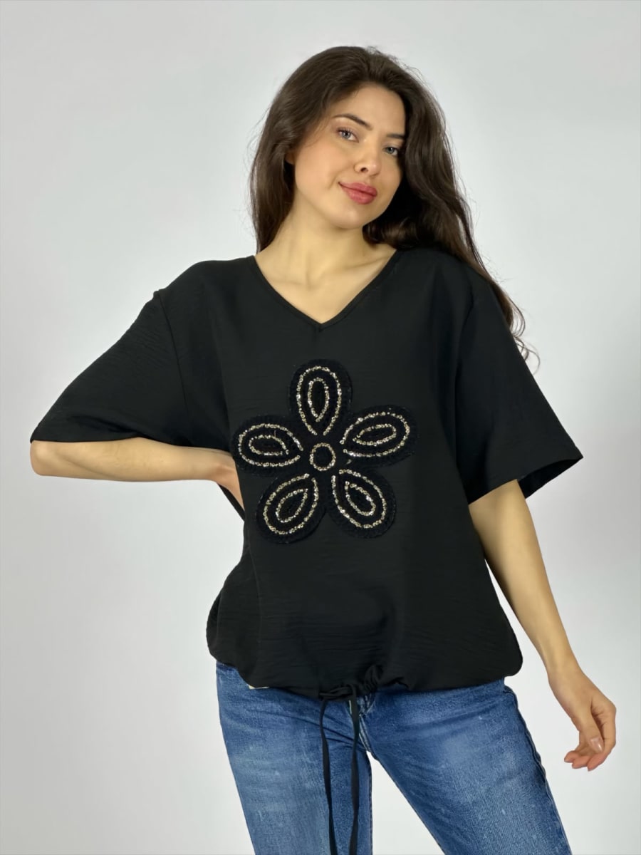 Polera Crepe Cuello V Flor Bordada Con Brillo A1-64