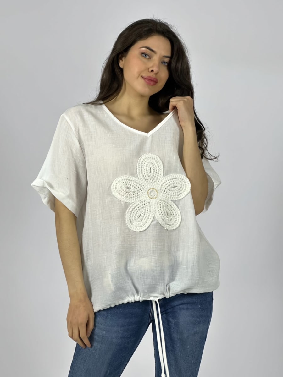 Polera Crepe Cuello V Flor Bordada Con Brillo A1-67