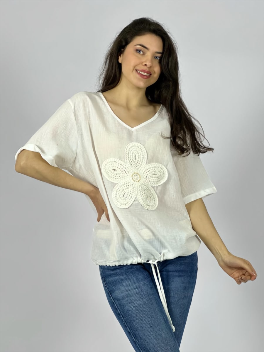 Polera Crepe Cuello V Flor Bordada Con Brillo A1-68