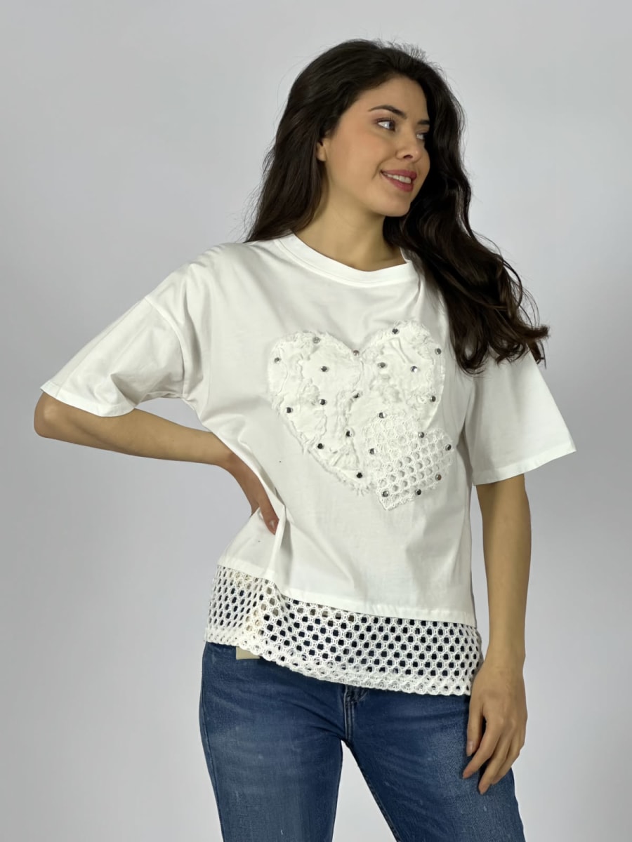 Polera Algodon Corazon Con Tachas Y Borde Tejido A4-887