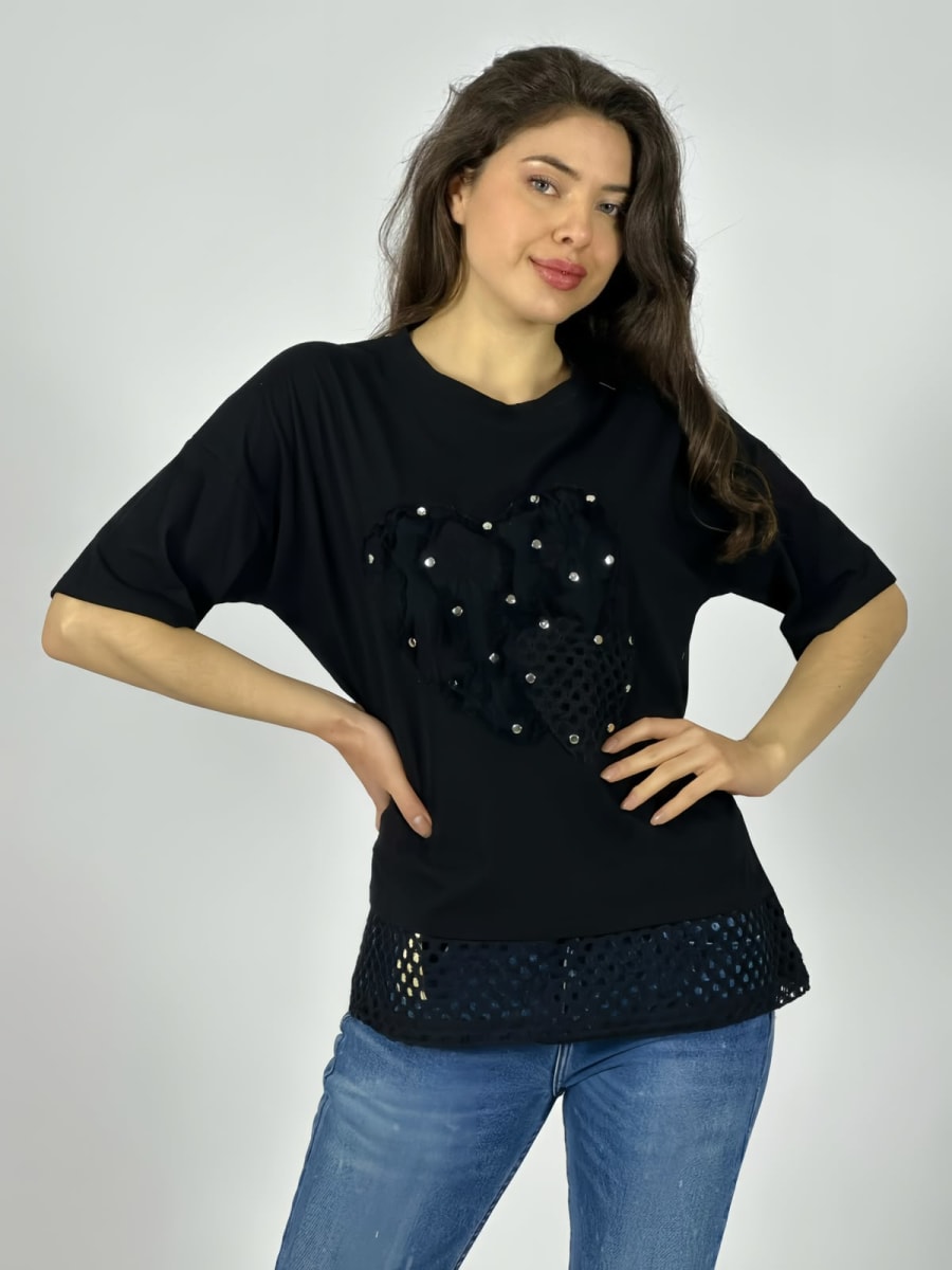 Polera Algodon Corazon Con Tachas Y Borde Tejido A4-884