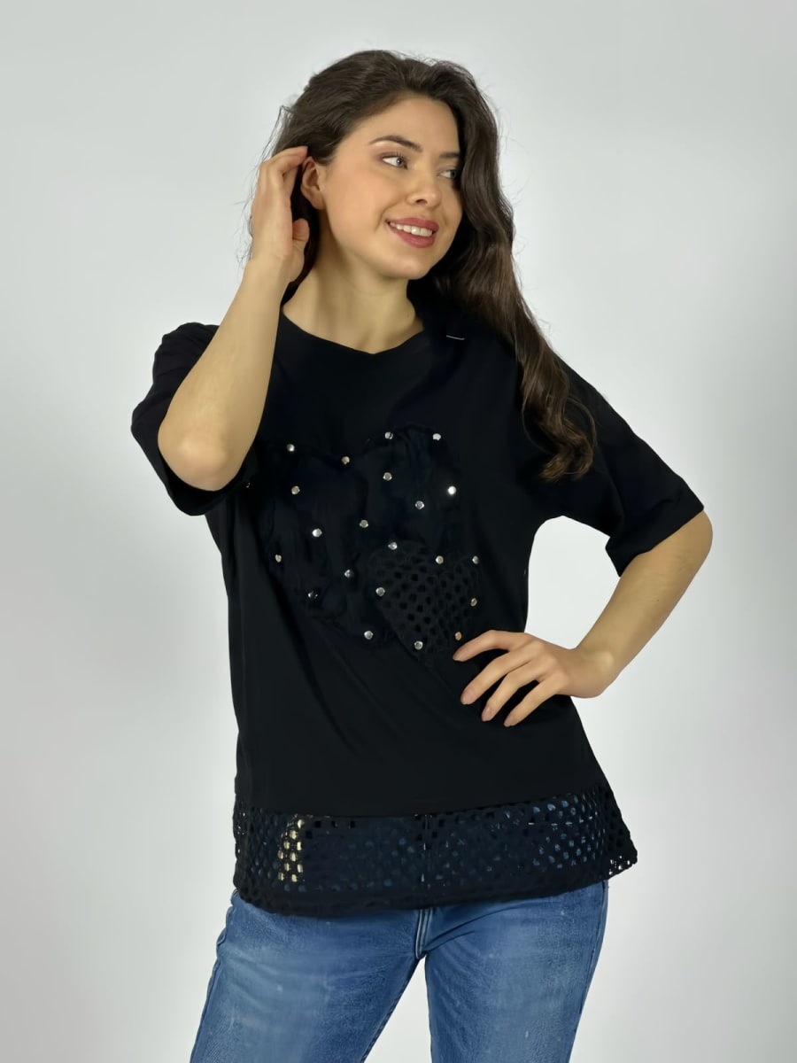 Polera Algodon Corazon Con Tachas Y Borde Tejido A4-885