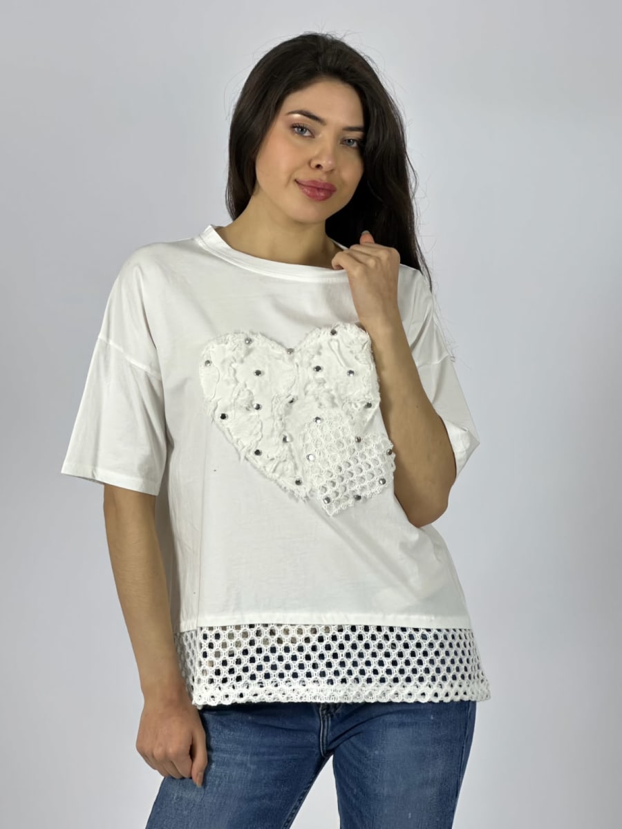 Polera Algodon Corazon Con Tachas Y Borde Tejido A4-888