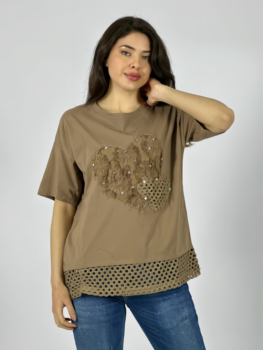 Polera Algodon Corazon Con Tachas Y Borde Tejido A4-8810