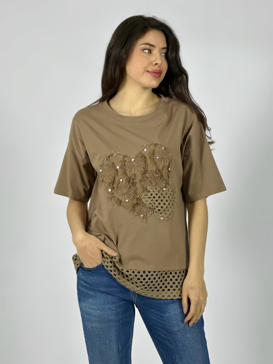 Polera Algodon Corazon Con Tachas Y Borde Tejido A4-8811
