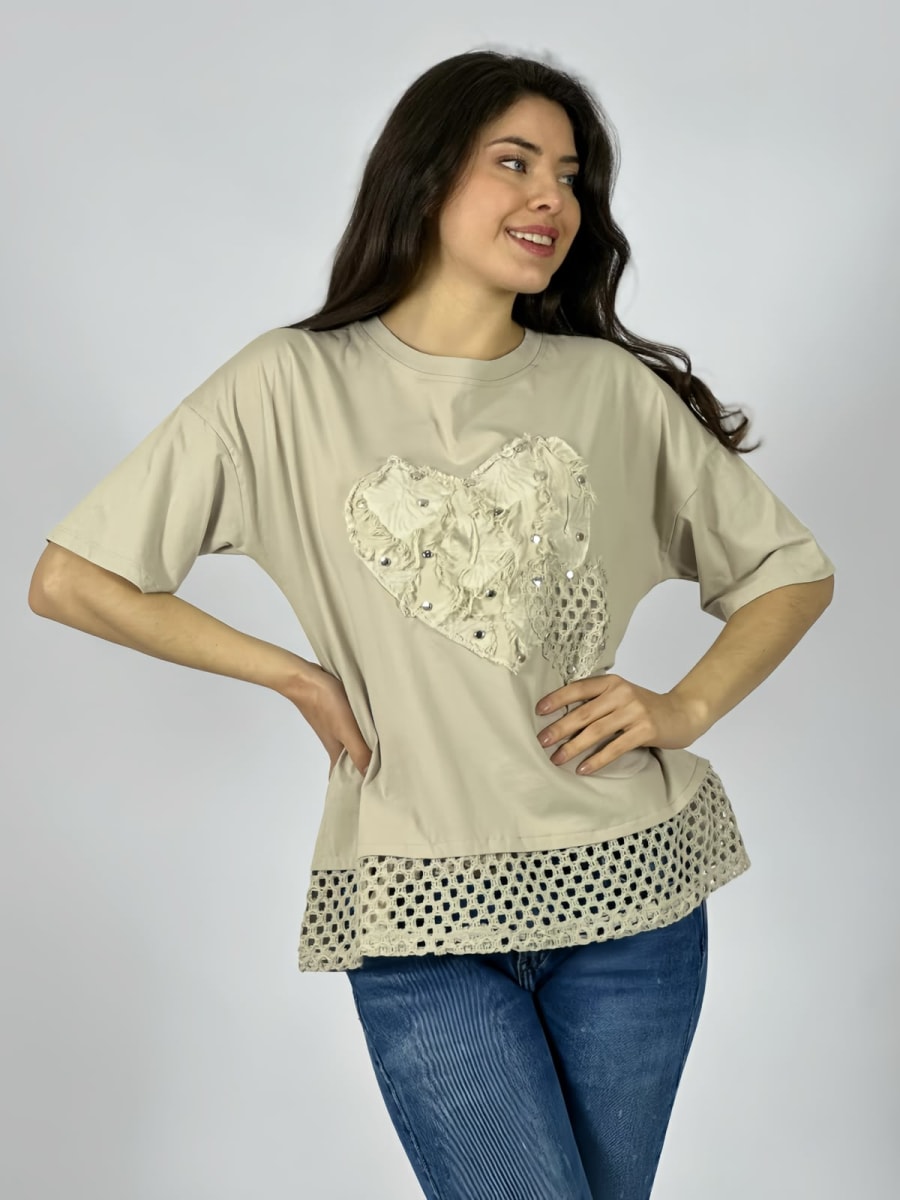 Polera Algodon Corazon Con Tachas Y Borde Tejido A4-882