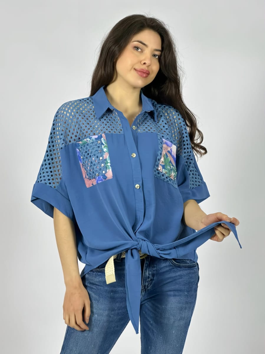 Blusa Crepe Hombros Tejidos Bolsillos Estampados A1-4014