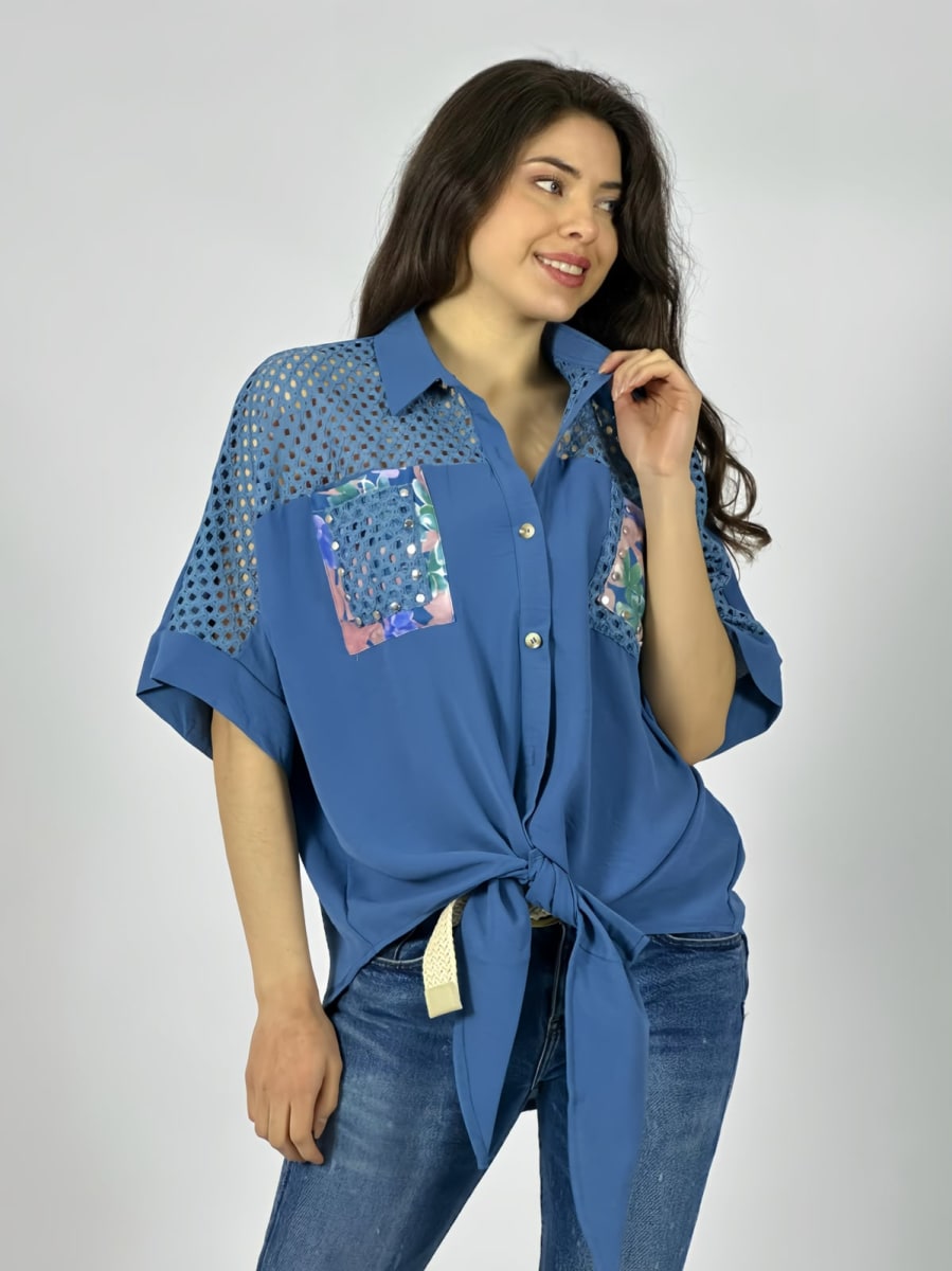 Blusa Crepe Hombros Tejidos Bolsillos Estampados A1-4015