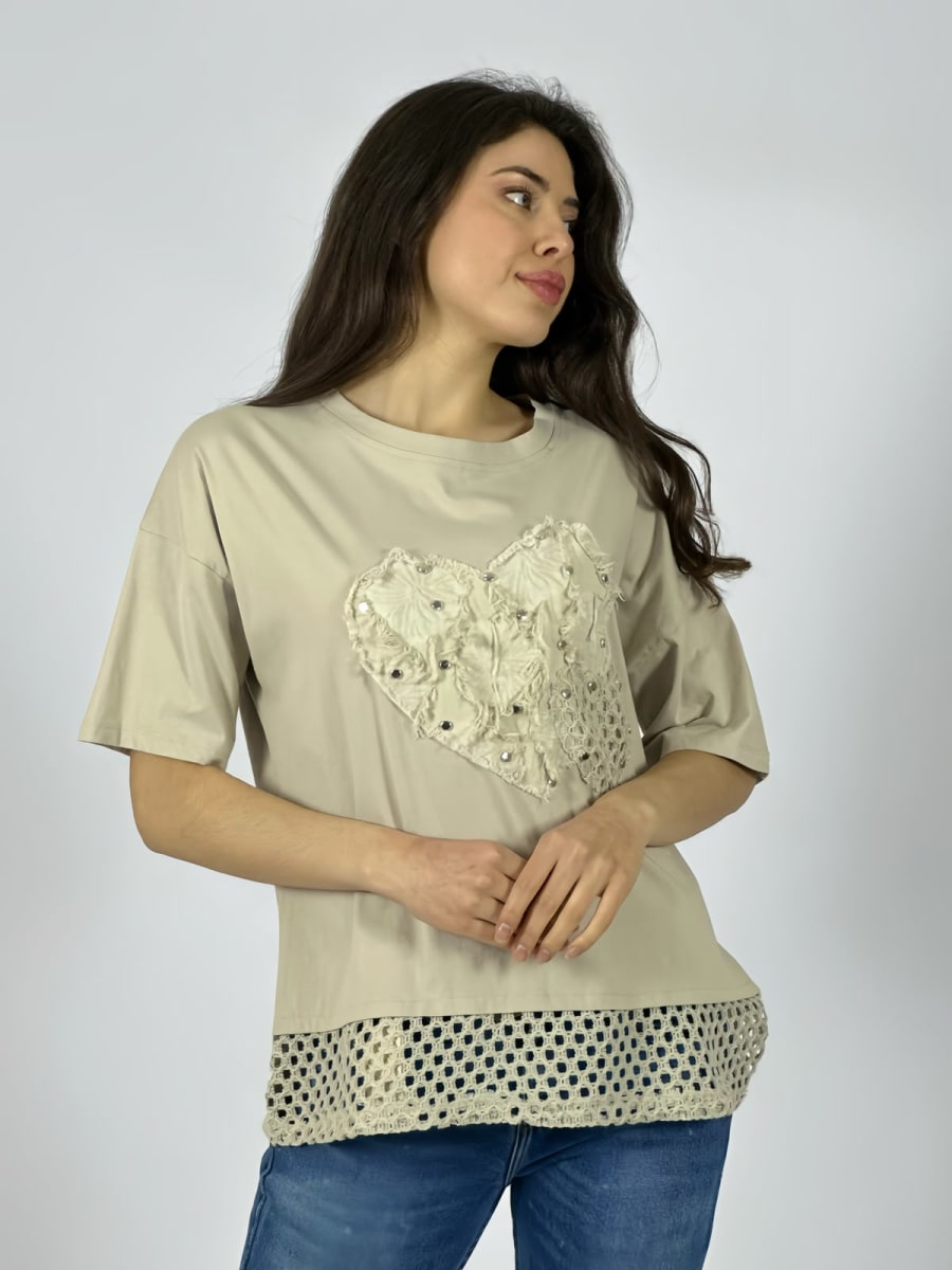 Polera Algodon Corazon Con Tachas Y Borde Tejido A4-881