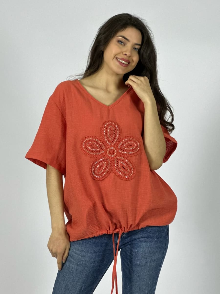 Polera Crepe Cuello V Flor Bordada Con Brillo A1-610