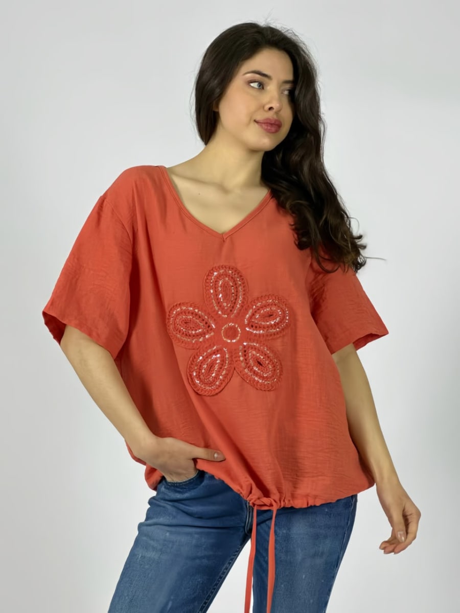 Polera Crepe Cuello V Flor Bordada Con Brillo A1-612