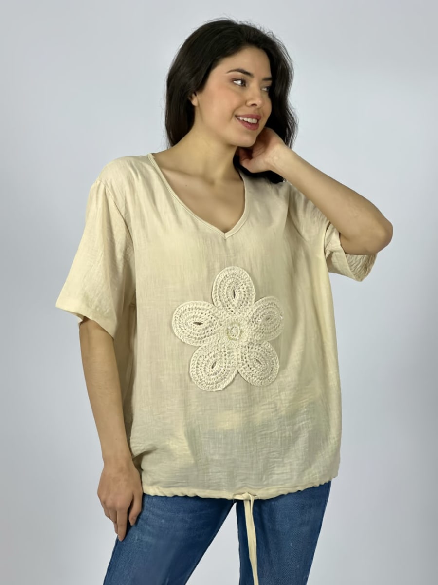 Polera Crepe Cuello V Flor Bordada Con Brillo A1-614