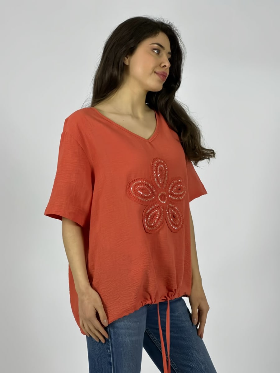Polera Crepe Cuello V Flor Bordada Con Brillo A1-611
