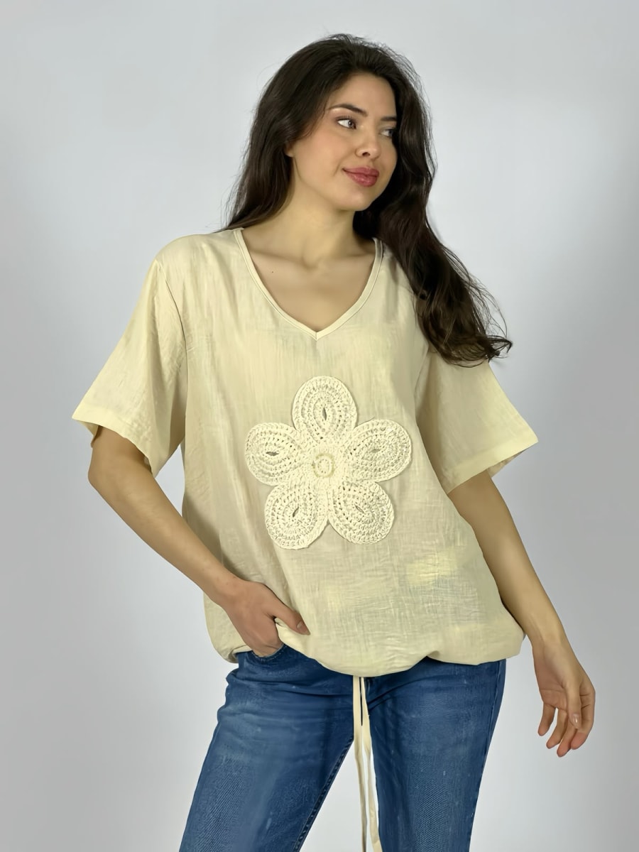 Polera Crepe Cuello V Flor Bordada Con Brillo A1-613