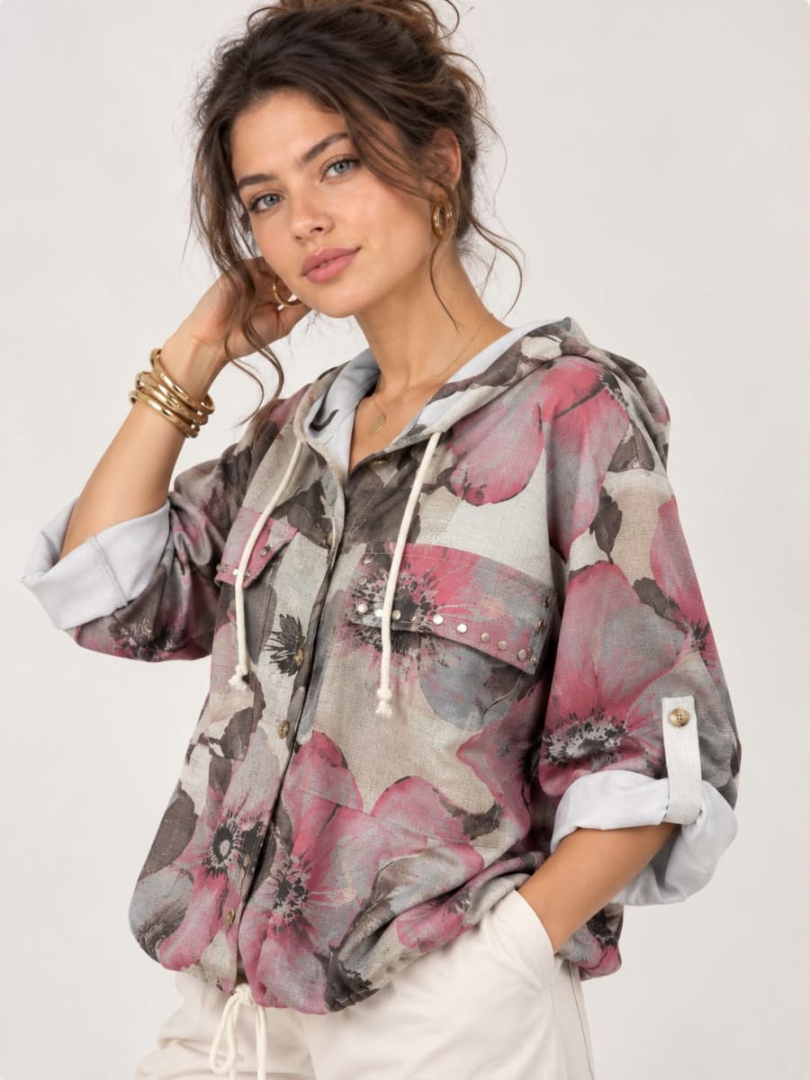 Bomber Viscosa Floral Bolsillos Tachas A1-152