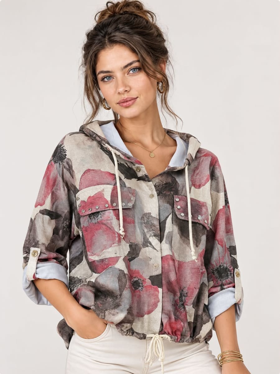 Bomber Viscosa Floral Bolsillos Tachas A1-151