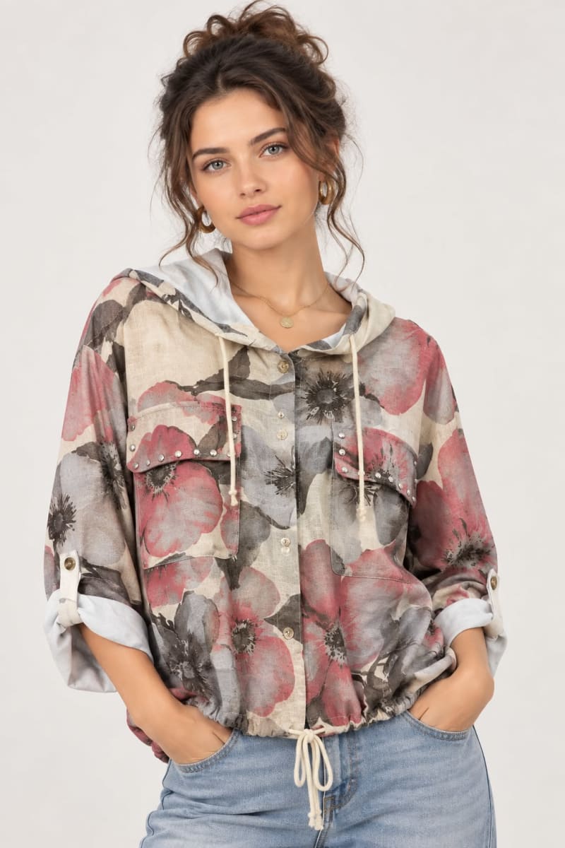 Bomber Viscosa Floral Bolsillos Tachas A1-156